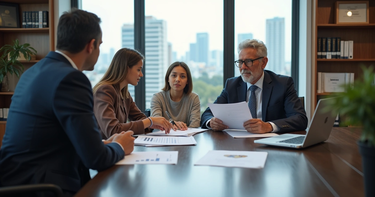 Família em reunião com advogado analisando estrutura de holding patrimonial 