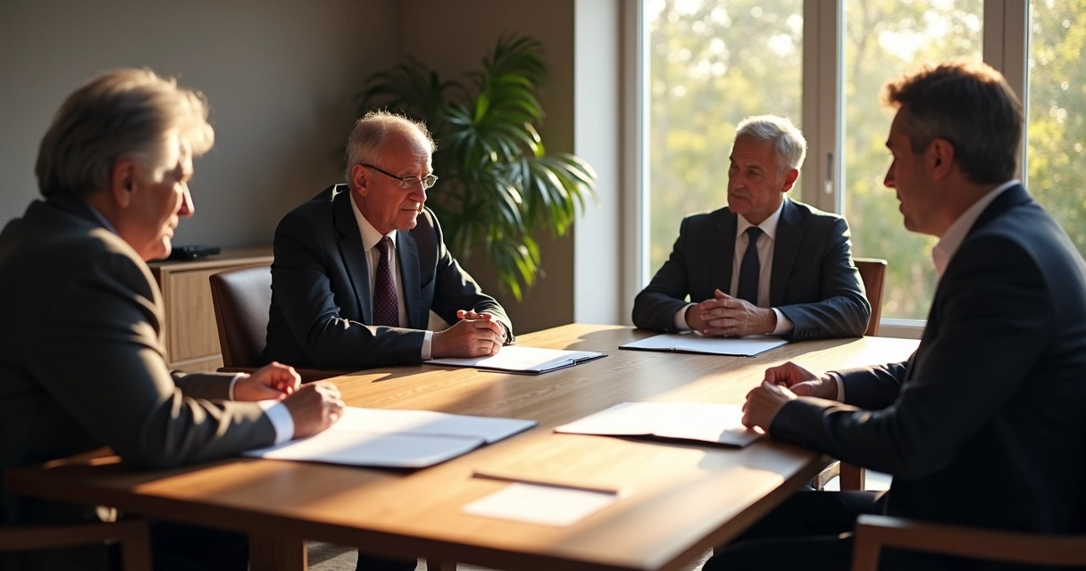 Família em reunião na sala de reunião com documentos na mesa 