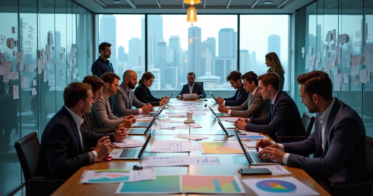 Vários investidores analisando gráficos e cartas de startups em sala de reunião 