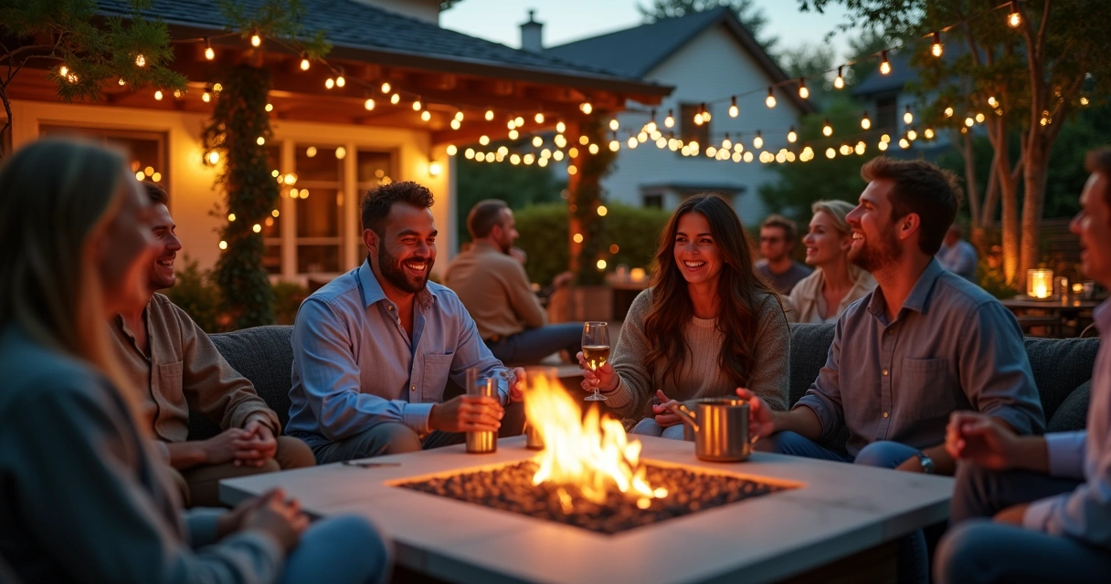 Holiday party at backyard patio with laughing guests, festive lights, and firepit