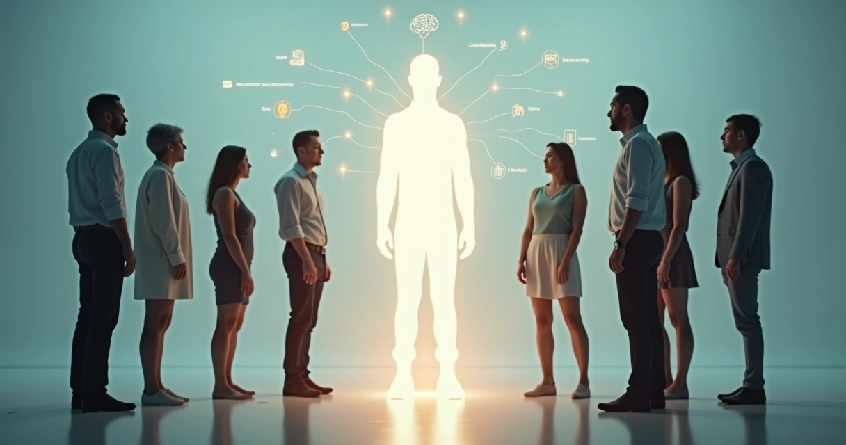 Diverse people forming a circle around a glowing human silhouette with interconnected symbols 