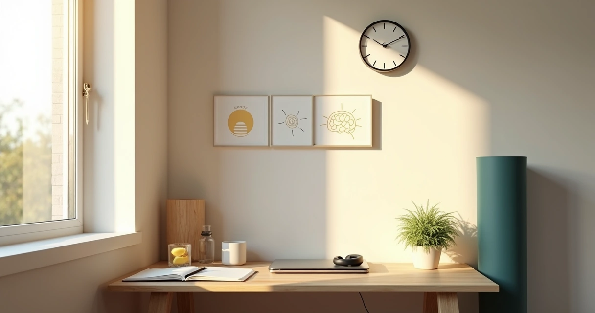 Minimalist desk scene symbolizing a holistic morning routine with light, movement, and focus. 