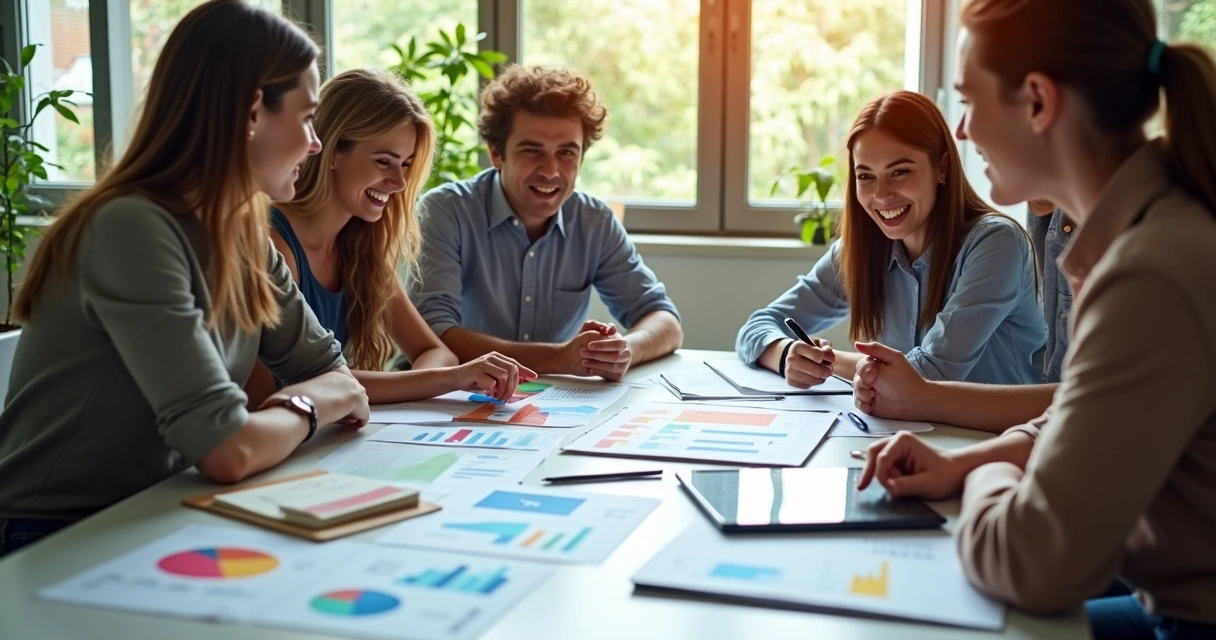 Team in an open discussion using charts and emotional metrics in a bright modern office 