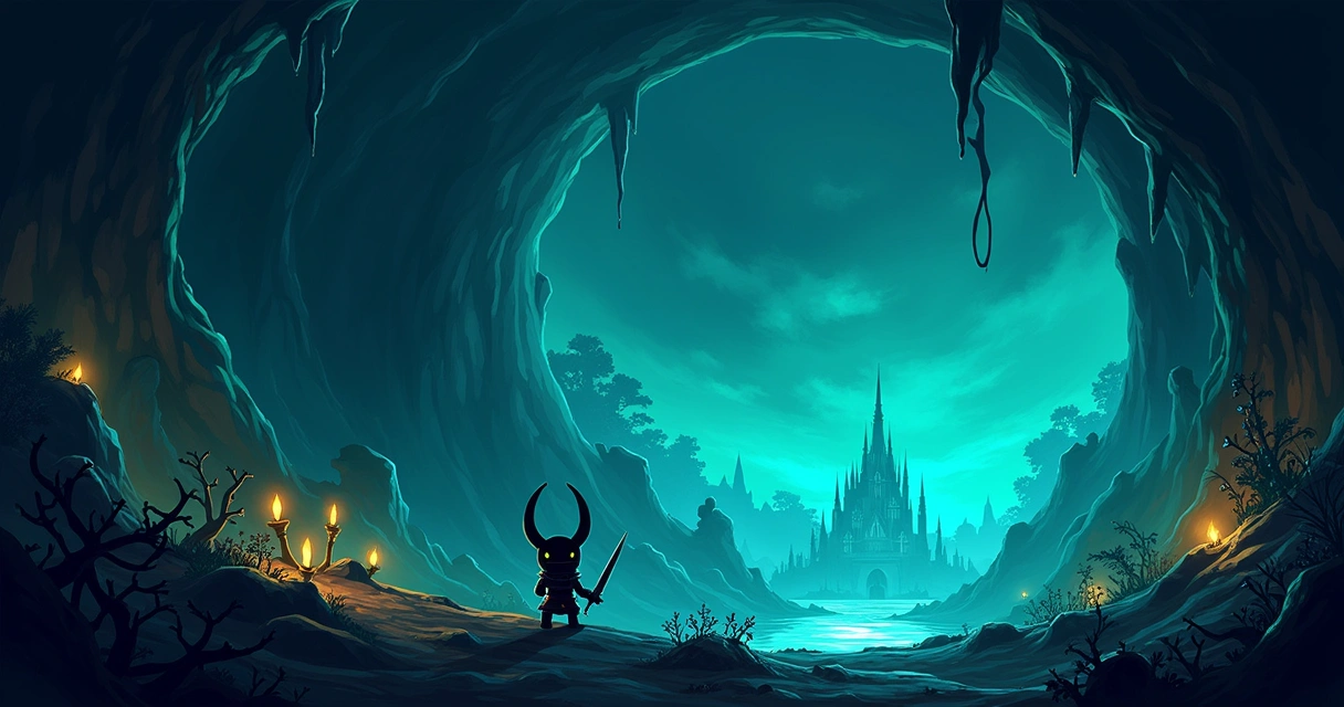 Cenário subterrâneo de Hollow Knight com o Cavaleiro em armadura, criaturas sombrias e um ambiente misterioso e vibrante.