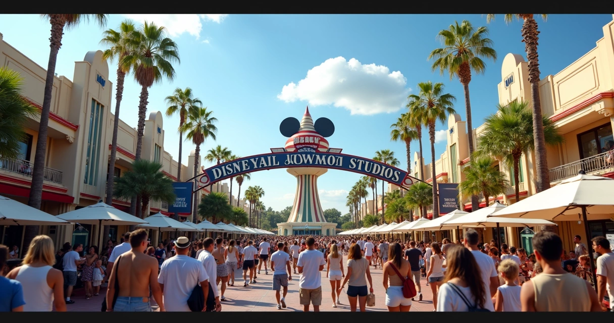 Entrada do Hollywood Studios em Orlando, com pessoas caminhando pelo parque