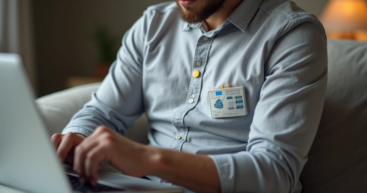 Pessoa utilizando monitor Holter sob a roupa, com eletrodos aplicados no tórax. 