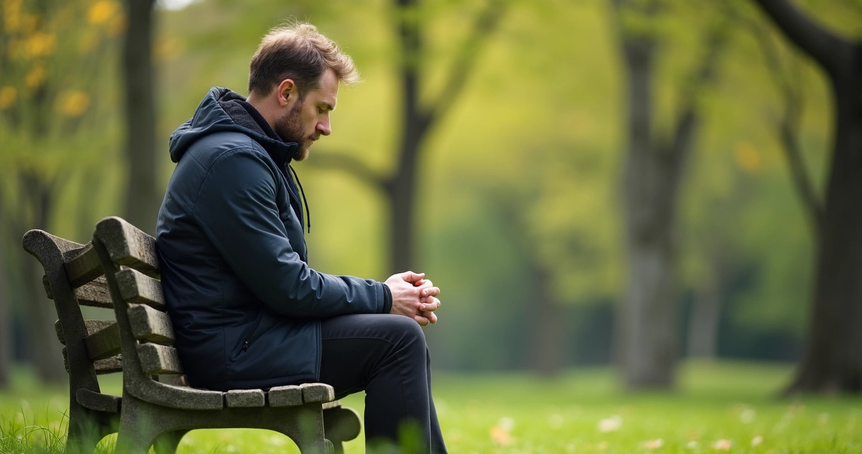 Hombre reflexionando sentado en un banco de madera en un parque 