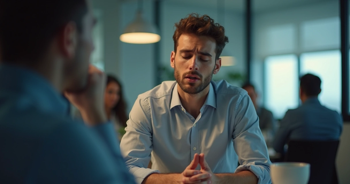 Hombre concentrado aplicando respiración consciente en una situación laboral desafiante 