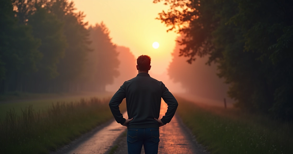 Hombre pensativo ante dos caminos en un paisaje natural