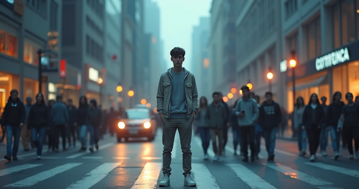 Hombre desenfocado entre la multitud en una calle de ciudad 