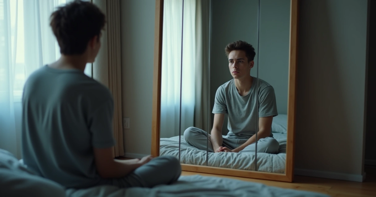 Persona mirando su reflejo fragmentado en un espejo, simbolizando el autoengaño 