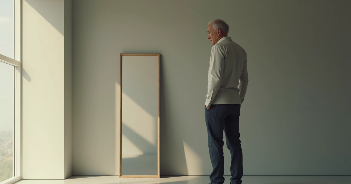Hombre mirando su reflejo en un espejo con expresión dubitativa 