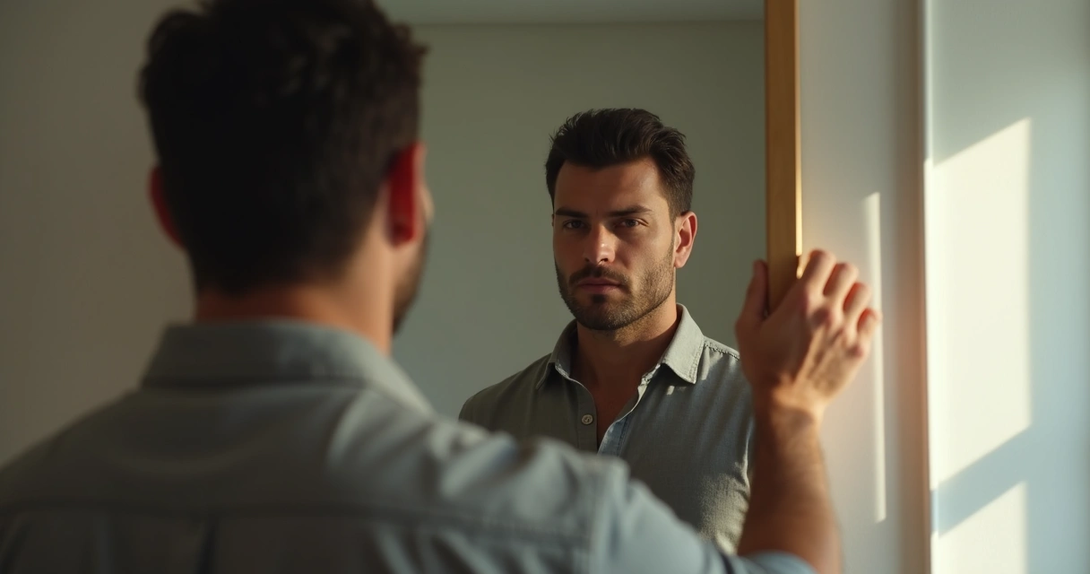 Hombre mirando su reflejo en el espejo, expresión serena y reflexiva 