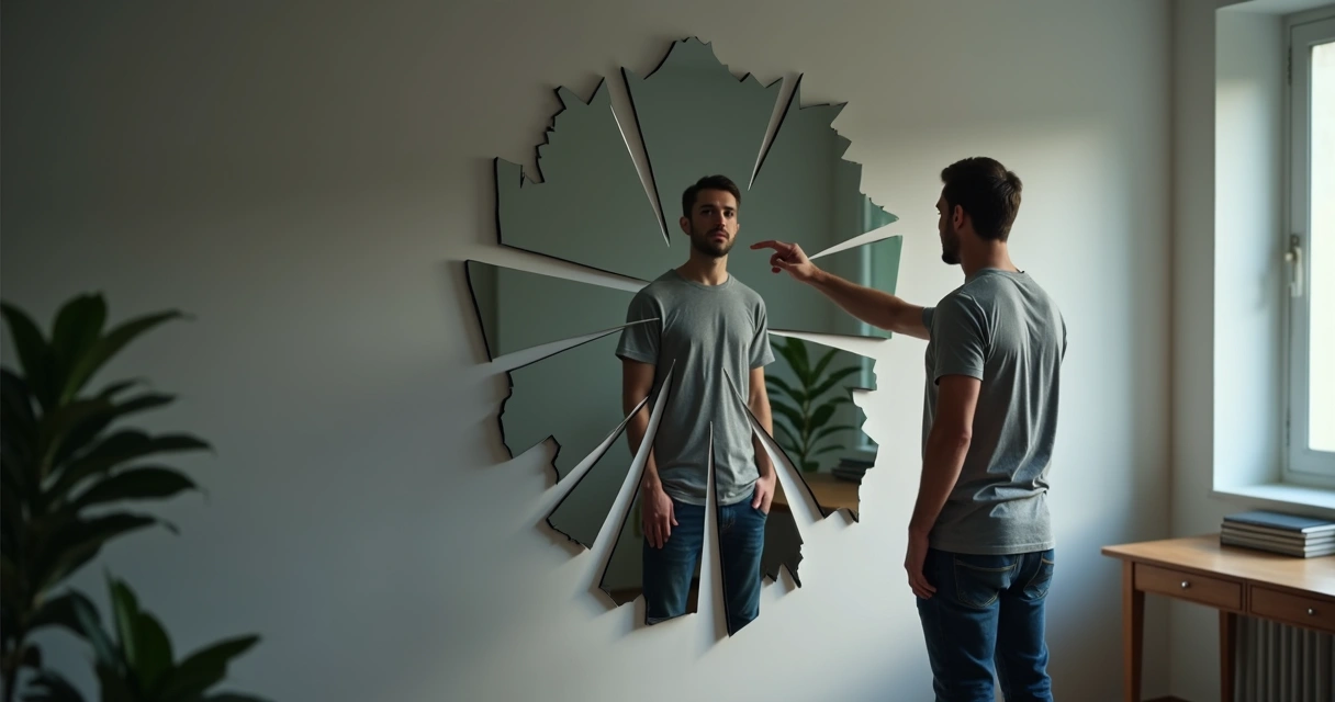 Hombre pensativo frente a un espejo roto simbolizando el autosabotaje interno 