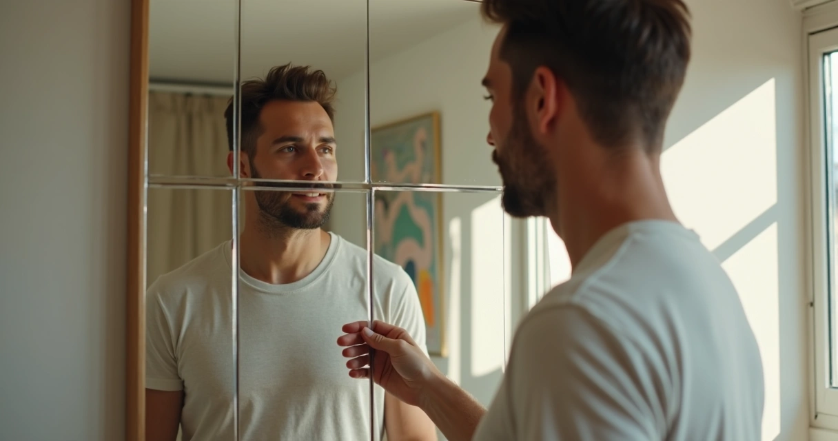 Hombre mirando su reflejo en un espejo dividido en múltiples fragmentos 