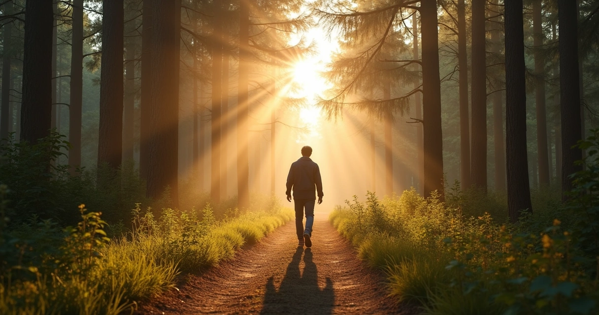Hombre caminando solo en un bosque, luz de la mañana atravesando los árboles. 