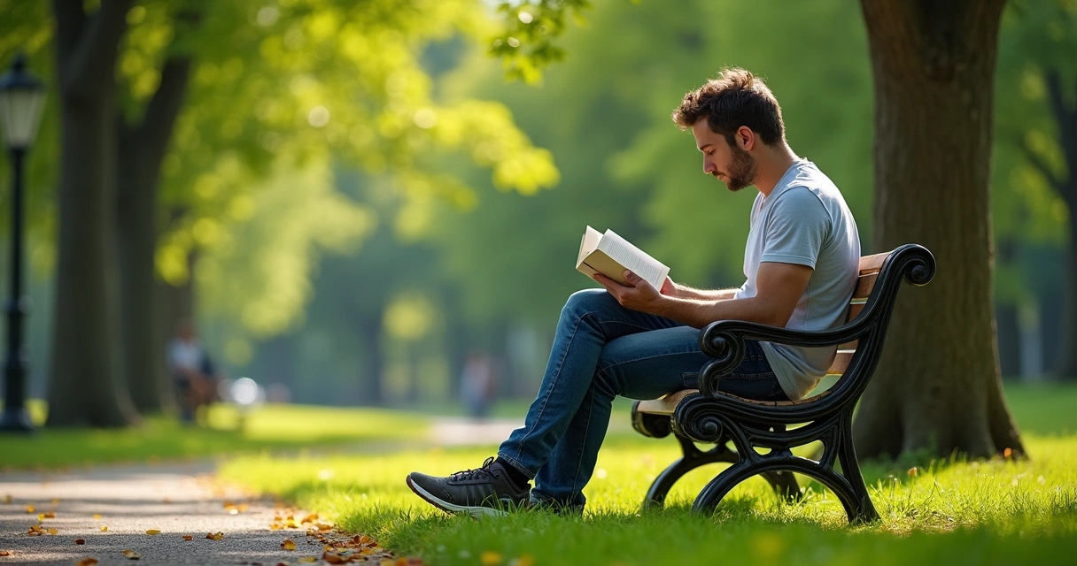 Hombre leyendo solo en un banco de parque bajo sombra de árboles 
