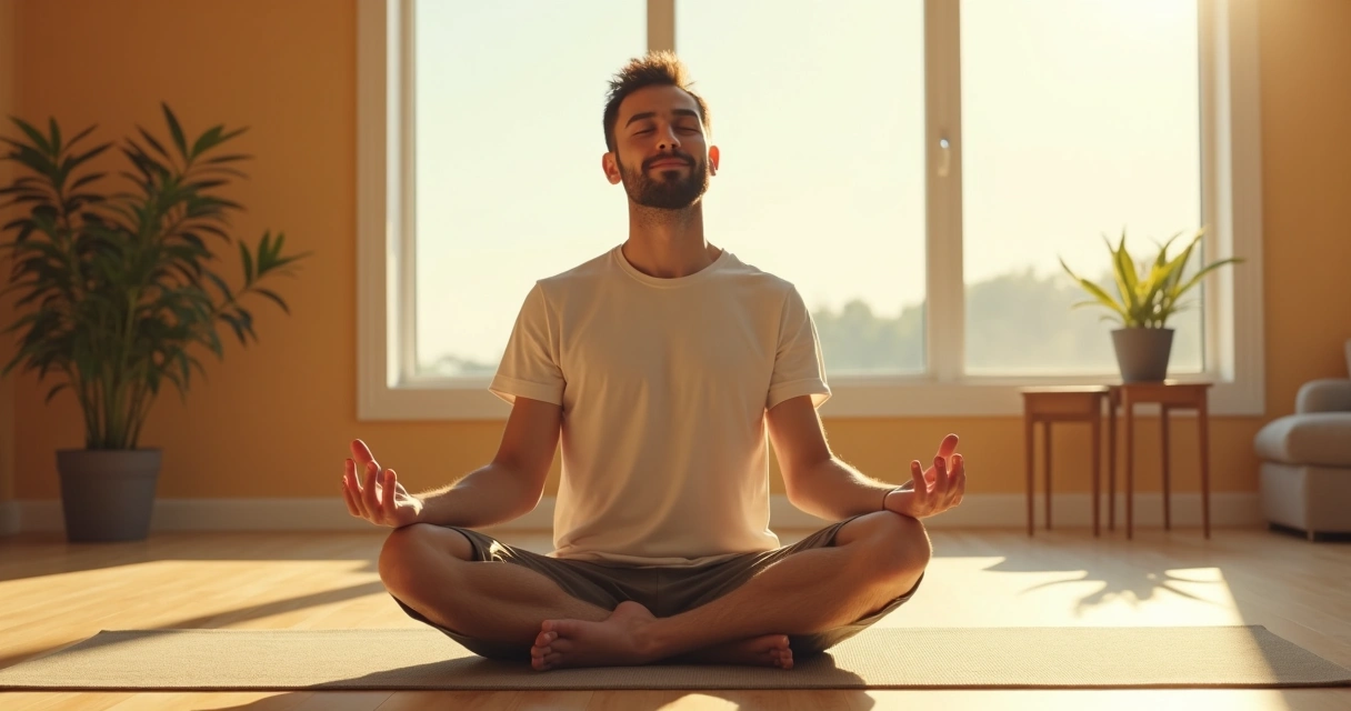 Hombre sentado en postura de meditación y reflexión, luz suave sobre el rostro