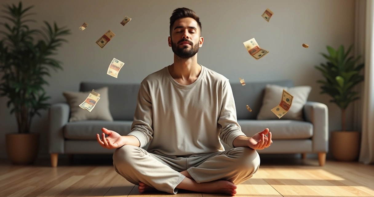 Hombre meditando y billetes alrededor