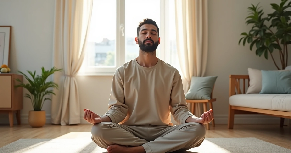 Hombre sentado en posición de meditación en el salón de una casa con luz natural 