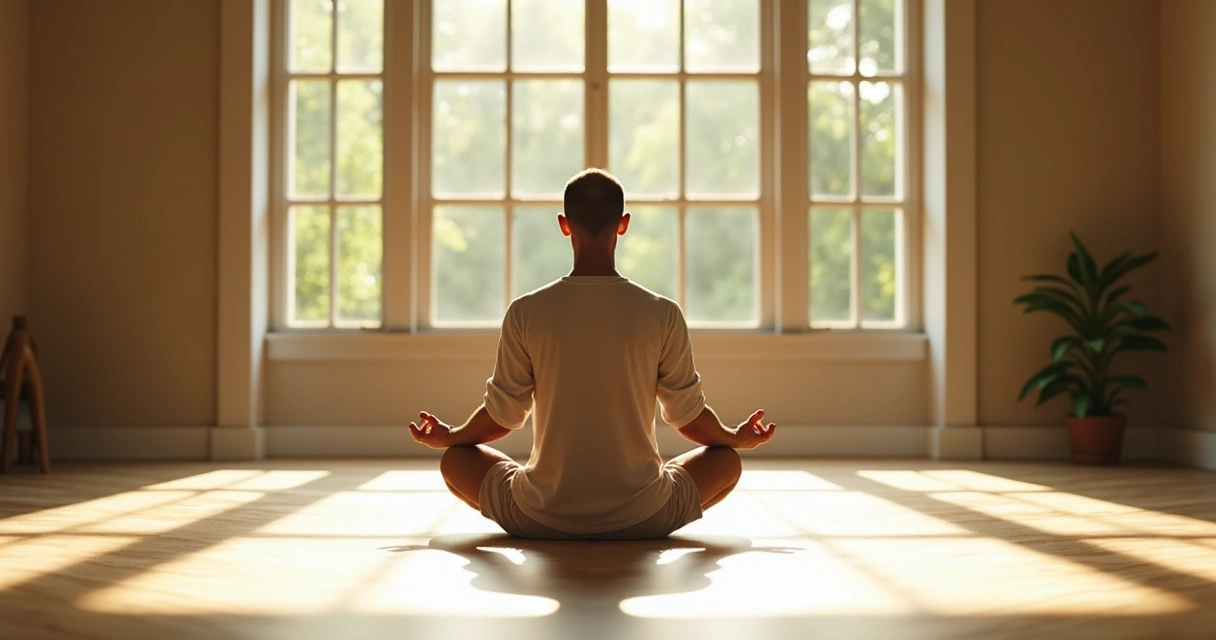 Persona sentada con postura de meditación en medio de un espacio amplio con luz natural 