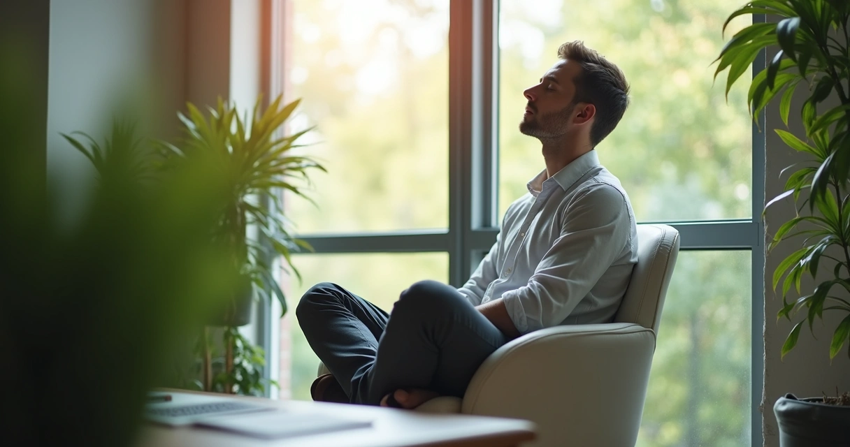 Persona meditando sentado en su oficina junto a una ventana 