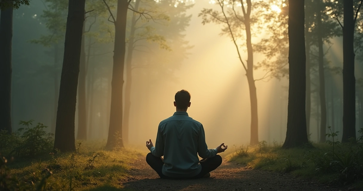 Hombre de espaldas meditando en un bosque con niebla