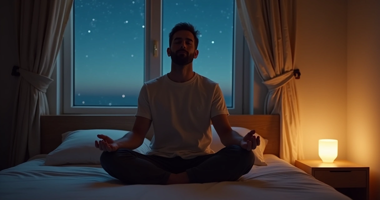 Hombre sentado en posición de meditación junto a la ventana de noche con luz tenue 