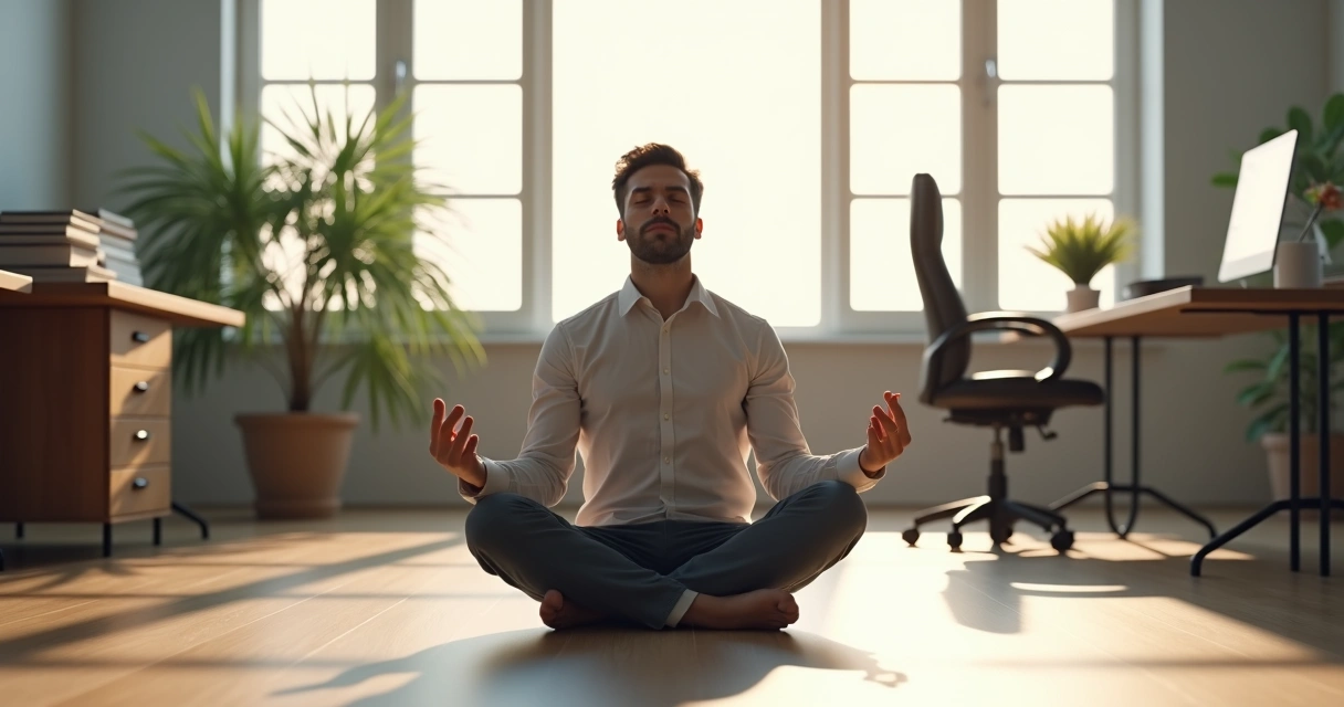 Hombre meditando en oficina moderna 