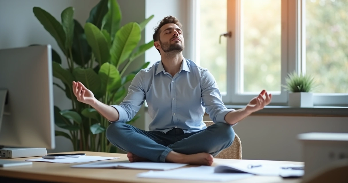 Hombre sentado en una oficina practicando meditación.