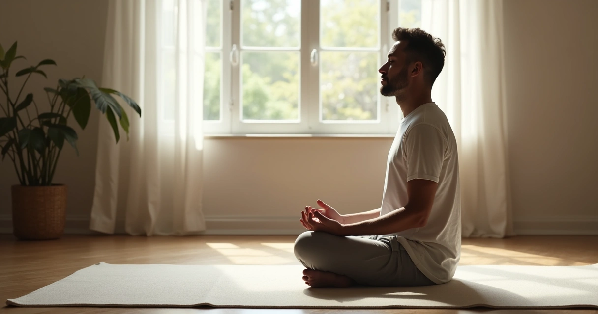 Hombre sentado en posición de meditación, ojos cerrados.