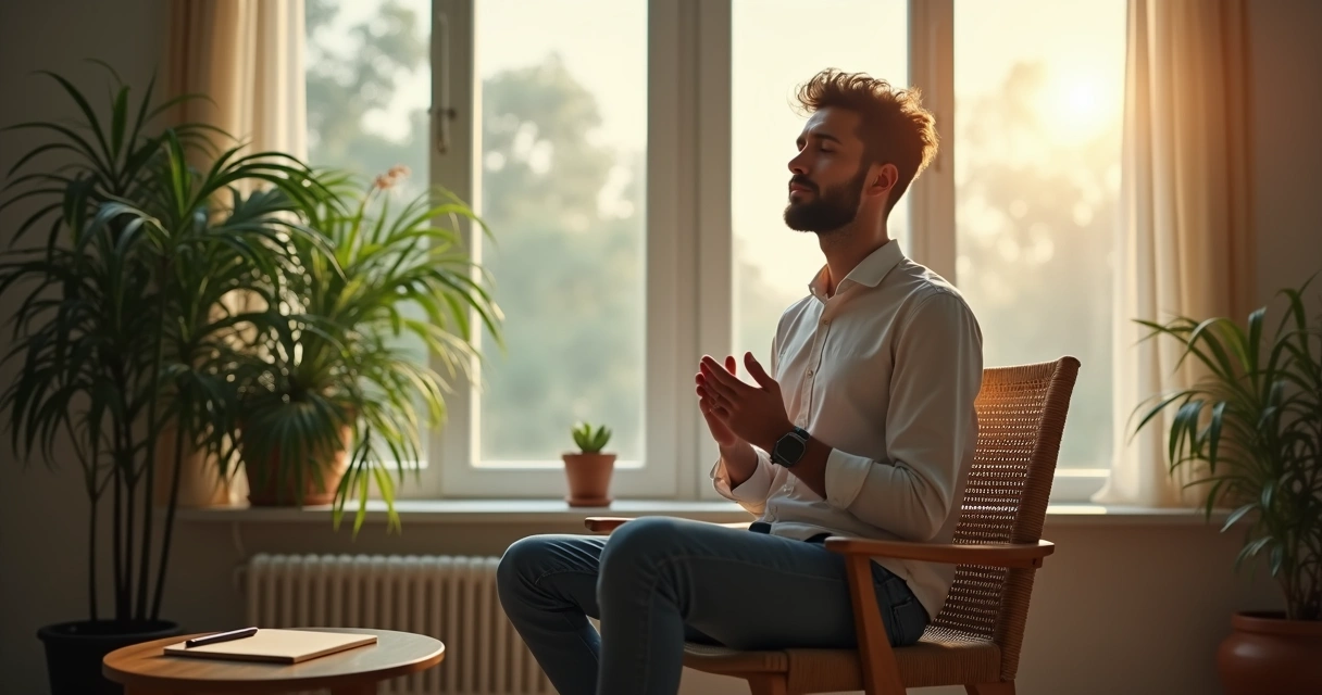 Hombre sentado meditando en una silla de madera junto a una ventana 