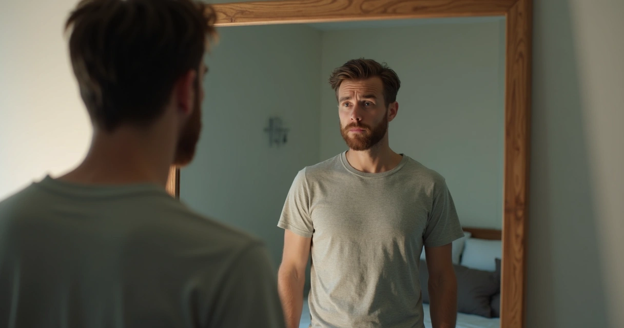 Hombre observando su reflejo en un espejo grande