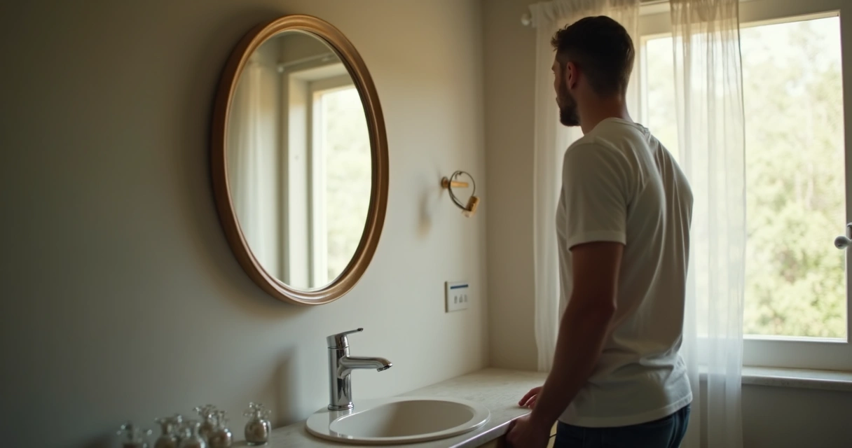Hombre de pie frente a un espejo meditando en silencio.