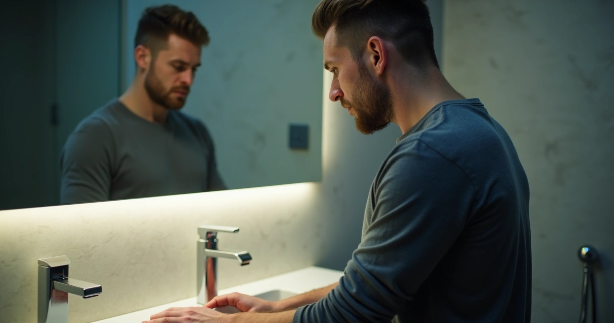 Hombre mira su reflejo en el espejo, expresión pensativa