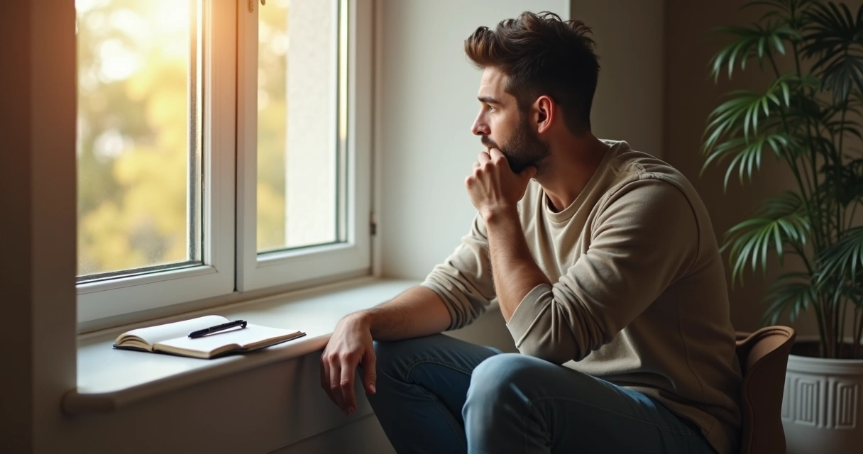 Hombre sentado mirando por la ventana, en actitud reflexiva 