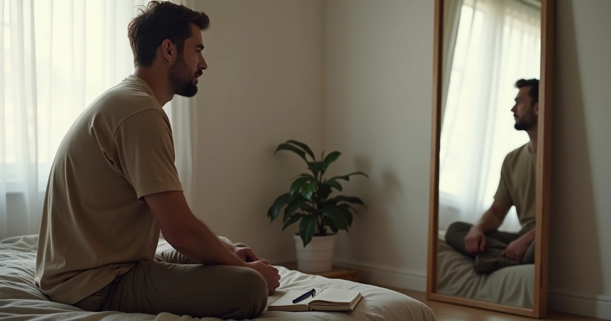 Hombre pensativo frente a un espejo con reflejo doble simbolizando autoengaño 