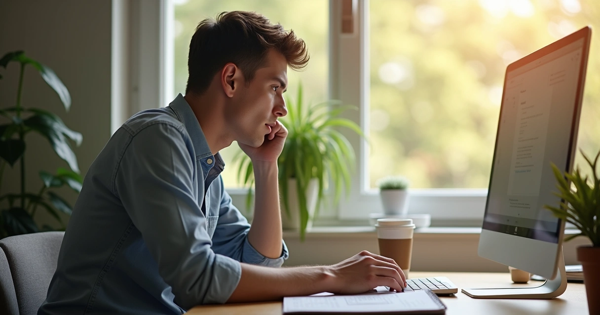 Persona sentada en un escritorio, distraída mirando por la ventana con una libreta abierta y bolígrafo sin usar 