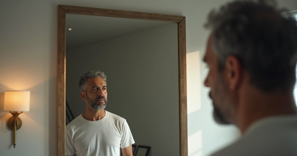 Hombre observando su propio reflejo en un espejo