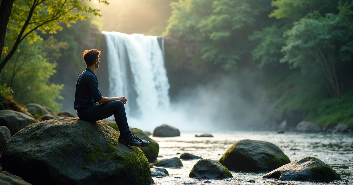 Hombre reflexiona en naturaleza, sentado en rocas frente a cascada