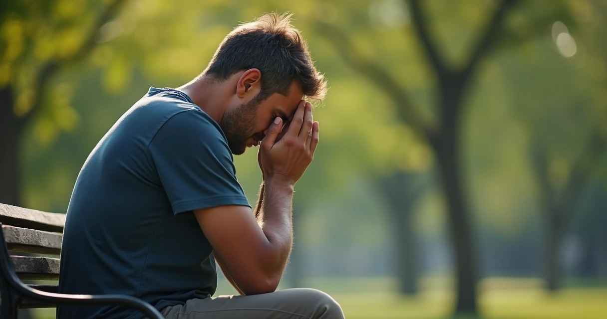 Hombre sentado en un banco con la cabeza baja y expresión pensativa 