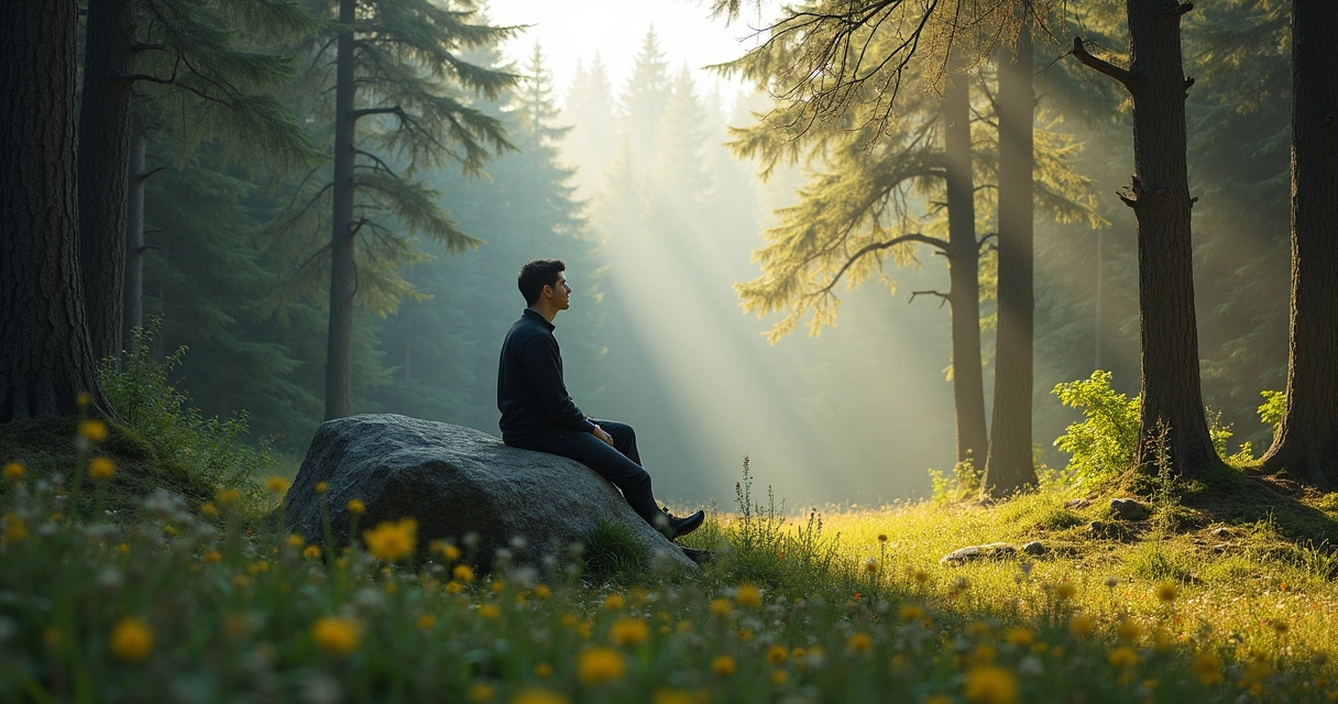 Hombre sentado en la naturaleza mirando hacia el horizonte 