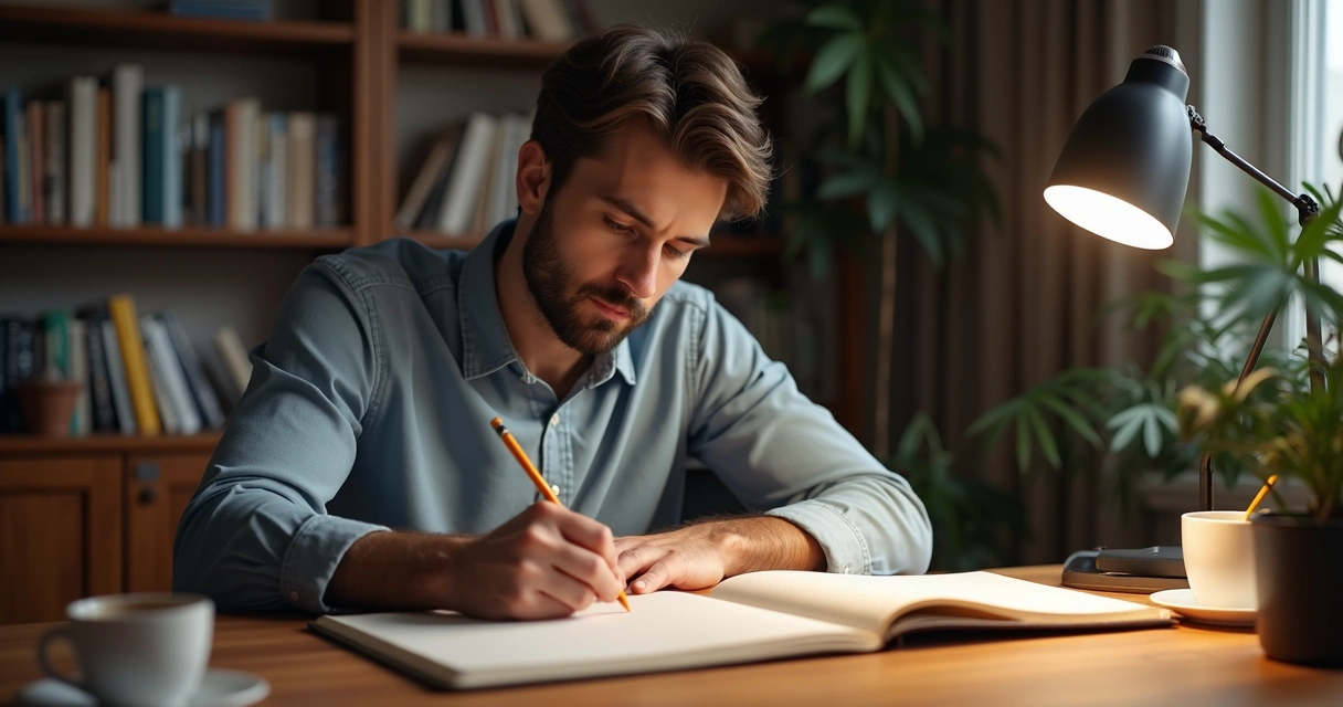 Hombre sentado en escritorio con libreta reflexionando 