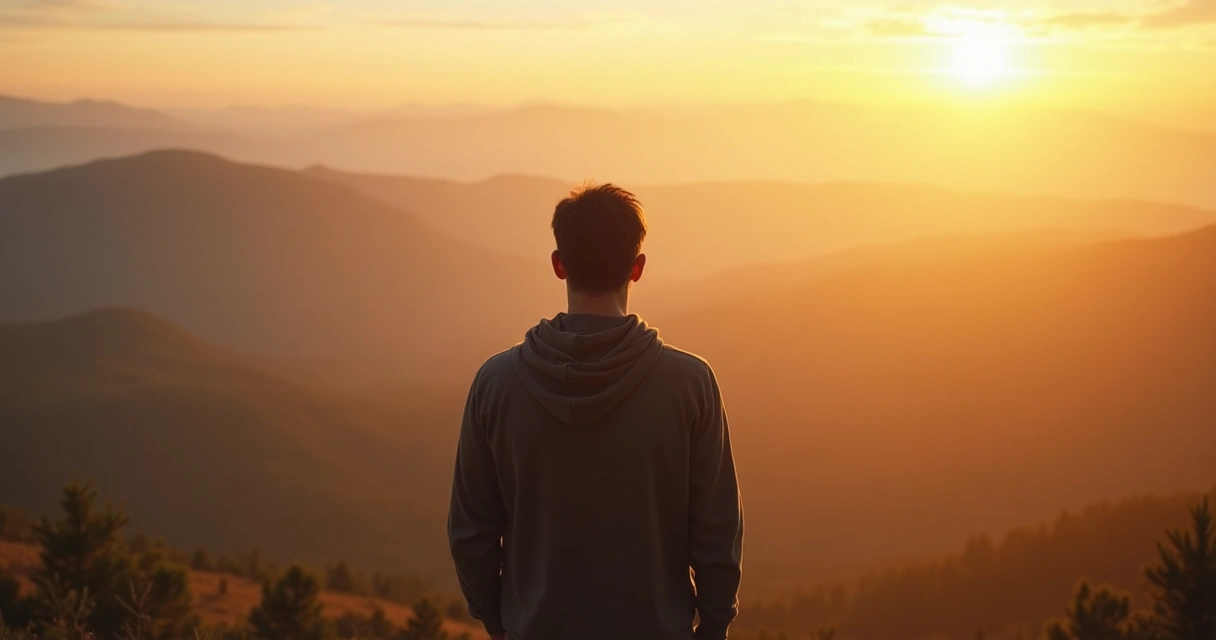 Hombre de pie frente a un paisaje de amanecer, respirando profundamente 