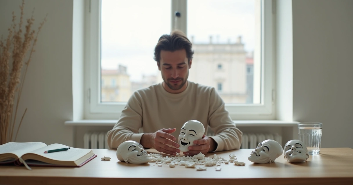 Hombre sentado rompiendo máscaras en una sala luminosa 