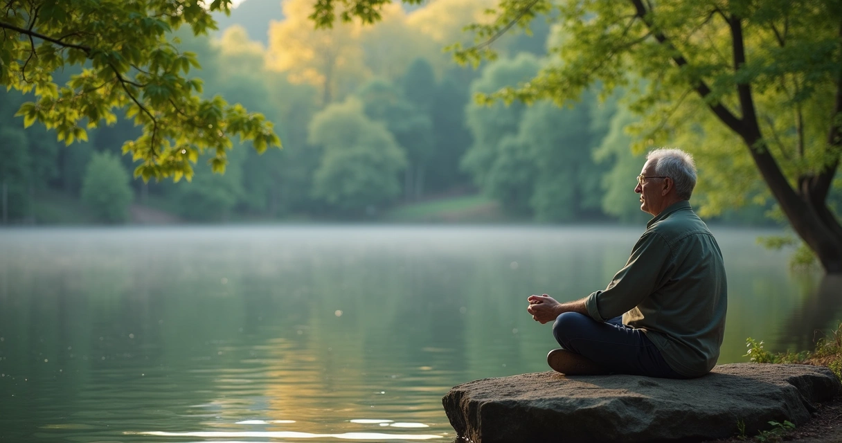 Hombre sentado en posición tranquila en medio de la naturaleza con expresión de paz interior 