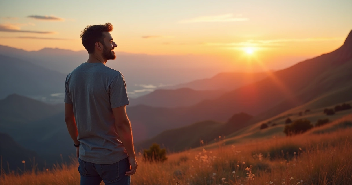 Hombre sonriente observando paisajes desde colina al amanecer 