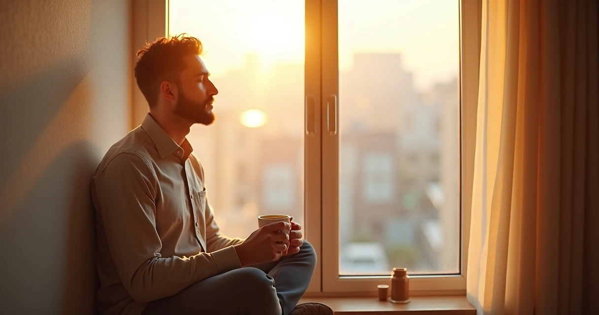 Hombre sentado junto a una ventana meditando con una taza de café 