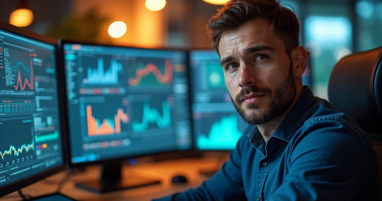 Hombre mirando una pantalla digital con expresión reflexiva. 