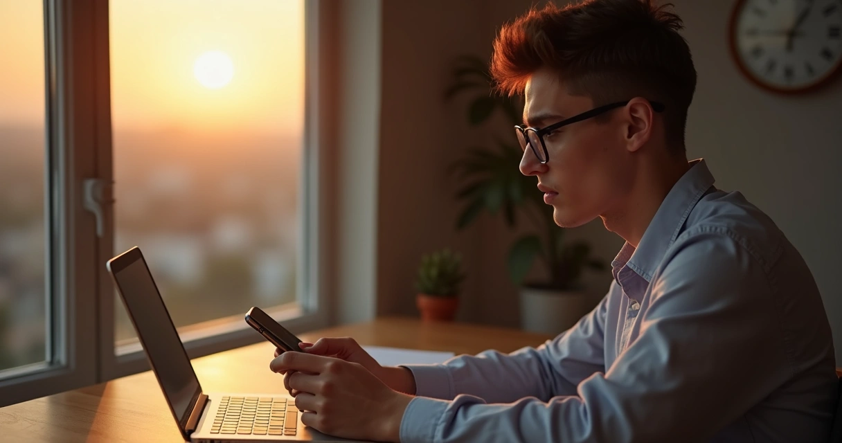 Persona reflexionando frente a una computadora portátil y un teléfono móvil 